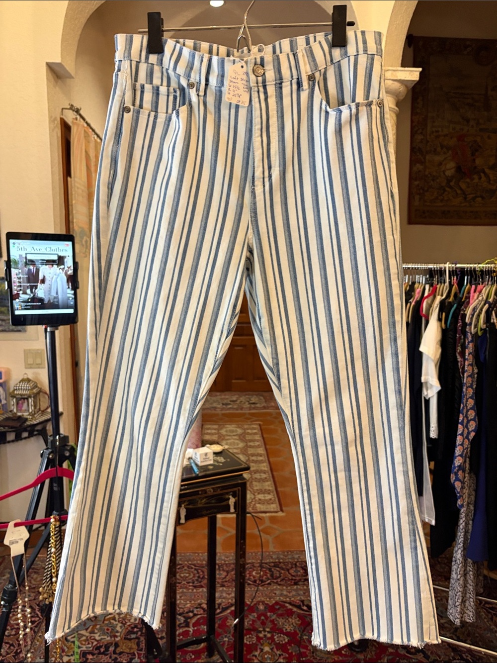 LOFT Vertical Blue and White Stripe Straight-Leg Jeans